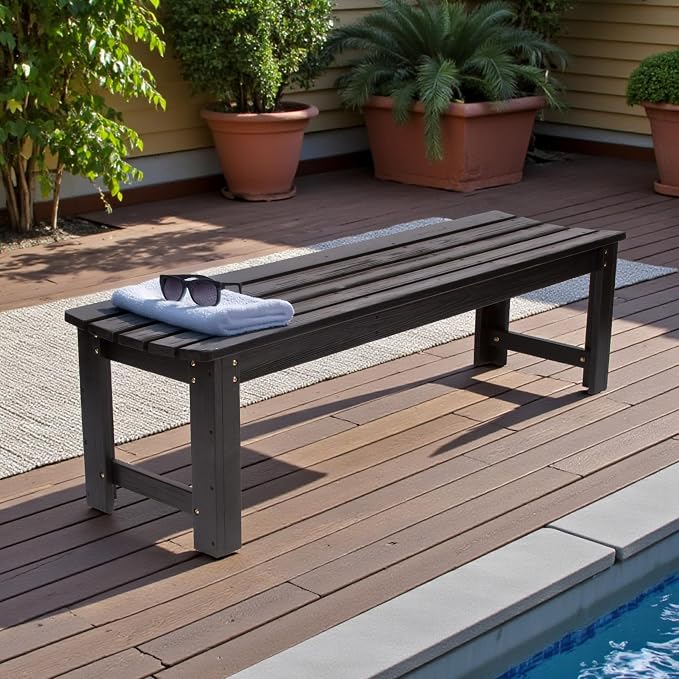 Shine Company Outdoor Wooden Backless Patio Garden Bench, 5 Ft, Black