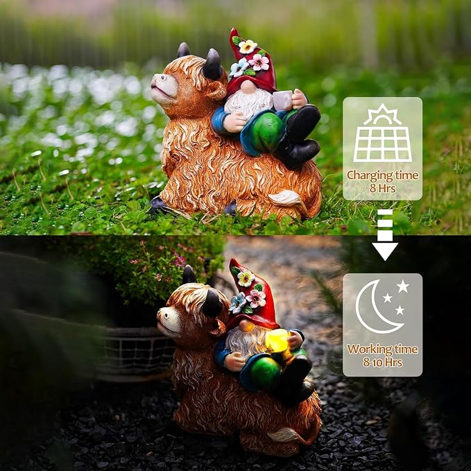 Pohabery Garden Gnomes Decor Outdoor Statues Gnome on Highland Cow Hold Solar Cup Light Outdoor Decorations for Patio,Yard and Gift for Mom（L
