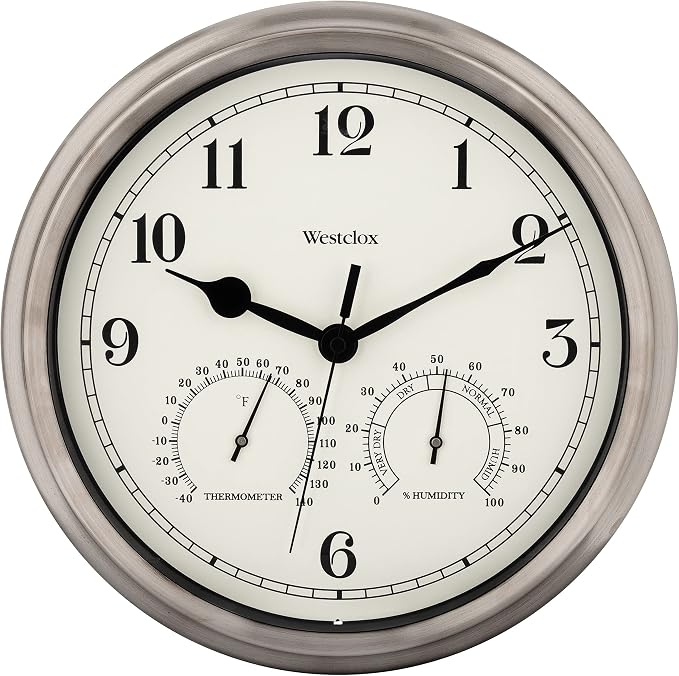 Westclox Indoor/Outdoor Wall Clock with Temperature & Humidity Gauges, Weather-Resistant, Quartz Accuracy, Battery-Powered (Silver, 12-Inch)