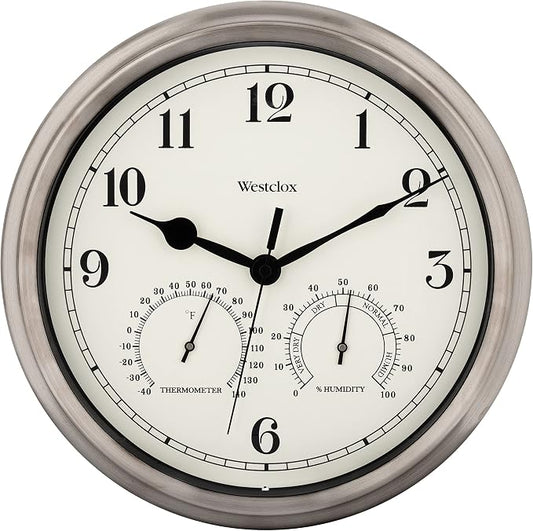 Westclox Indoor/Outdoor Wall Clock with Temperature & Humidity Gauges, Weather-Resistant, Quartz Accuracy, Battery-Powered (Silver, 12-Inch)