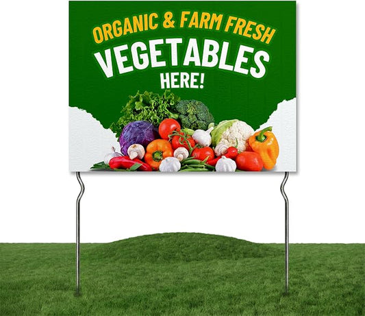 Organic & Farm Fresh Vegetables Here! Yard Sign by DC | 24"x18" Double Sided Conv. Store Garden Sign with 13” Metal Stakes | Outdoor Signs Waterproof for Lawn, Patio, Sidewalk & House | Set of 5