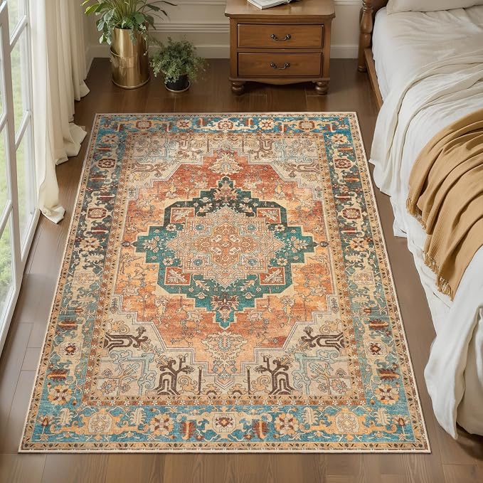 Tangsoo Oriental 3x5 Rug, Washable Non Slip Accent Rugs for Entryway Orange | Vintage Print Indoor Carpet, Boho Soft Low Pile 3x5 Area Rugs for Living Room Dorm Bedroom Bathroom Entrance Home Decor