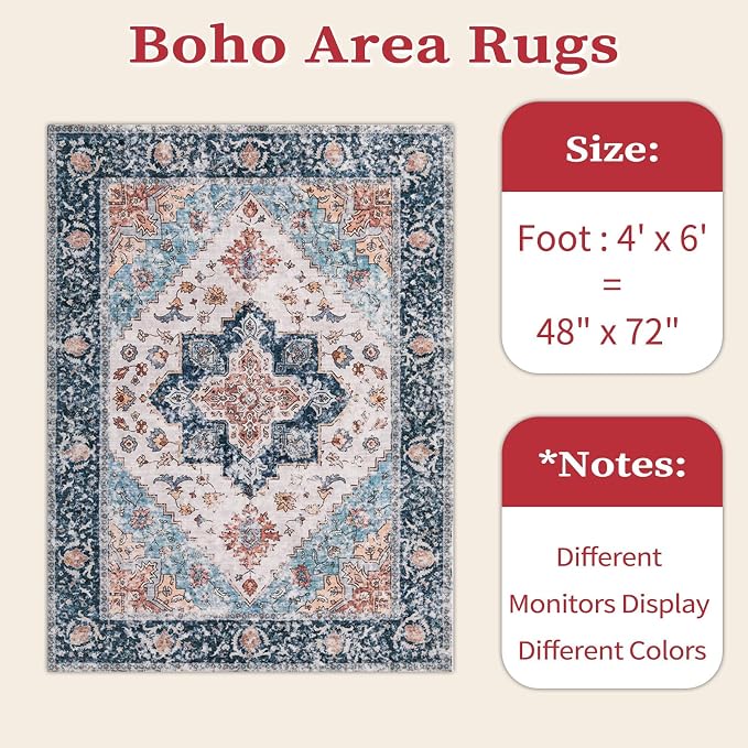 SERISSA 4x6 Washable Non Slip Boho Area Rug for Bedroom，Blue Orange | Ultra Soft Vintage Oriental Carpet Low-Pile Distressed Tribal Throw Carpet for Entry Living Room Nursery Kitchen Dorm Decor