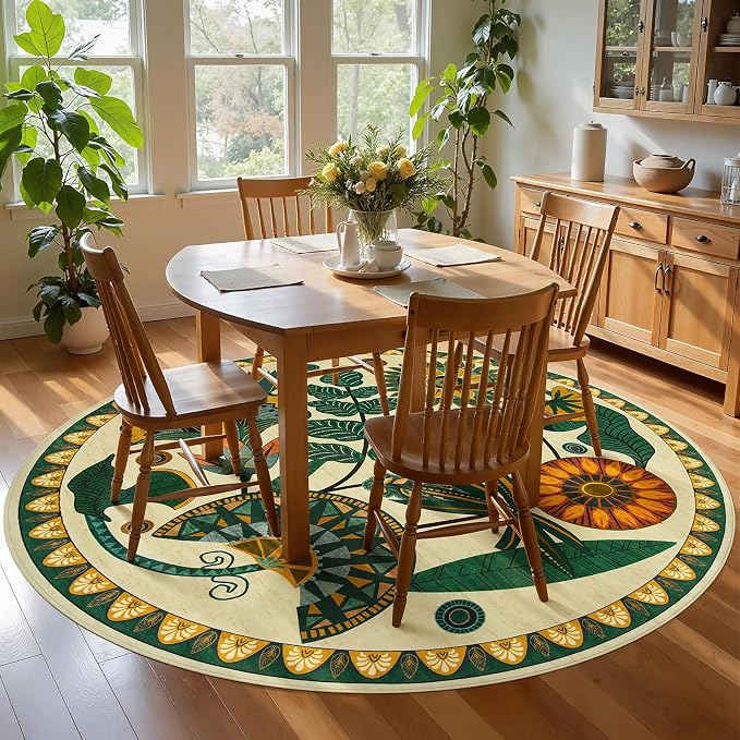 Joydeco Washable Round Rugs 6FT, Circle Area Rug for Bedroom Living Room | Boho Colorful Egypt Floral Non Slip Stain Resistant Flower Indoor Carpet for Dining Room Nursery Guest Room Kitchen, Beige