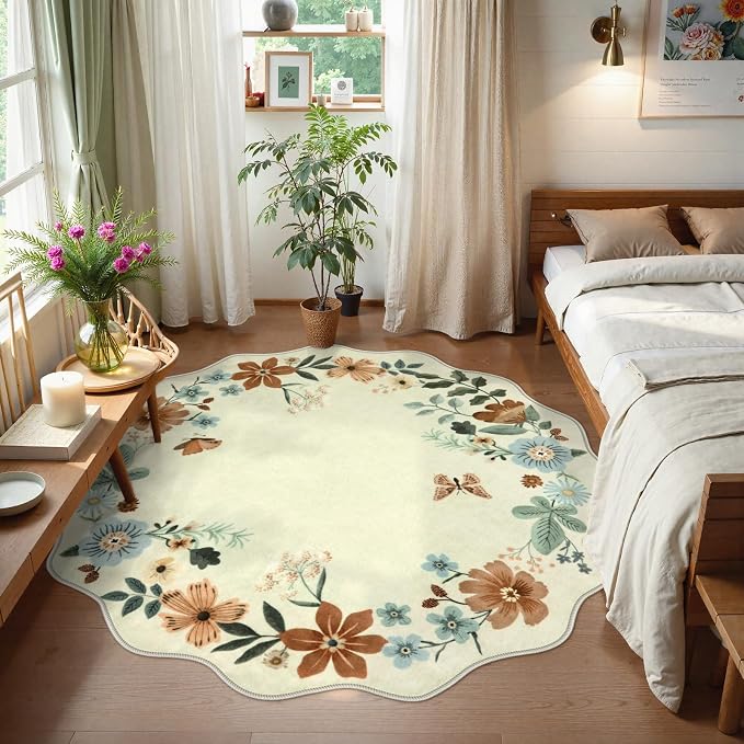 Lahome Floral Washable Round Rugs, Non-Slip Soft Round Rug 4ft Ultra-Thin | Small Boho Circle Carpet for Entryway Kitchen Bedroom Nursery Bathroom Flore, Beige