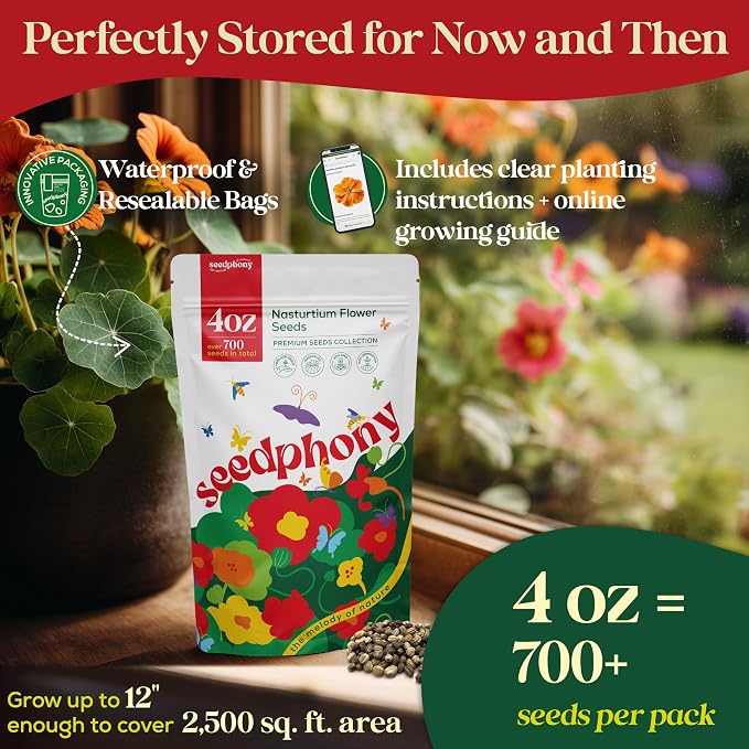 Seedphony Nasturtium Seeds Pack 4 oz - 700 Non-GMO Heirloom Nasturtium Seeds for Planting, Perennial Flowers in Waterproof Seed Packet, Wildflower Seeds for Planting Garden Indoor & Outdoor Gardening