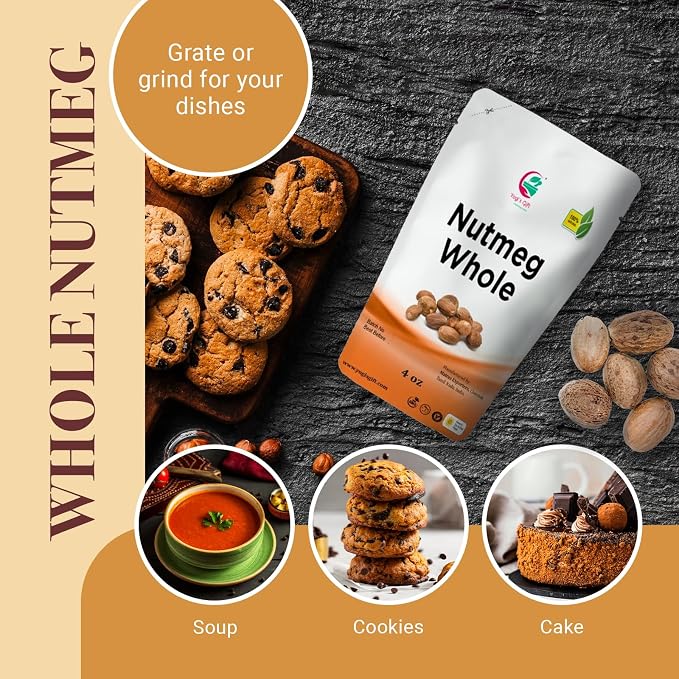 Yogi’s Gift® Nutmeg Whole 4oz (113g) – Premium Grade, Rich Aroma & Warm Flavor - Pure & Natural, Non-GMO - Perfect for Curries, Sauces, Mutton, Vegetable recipes