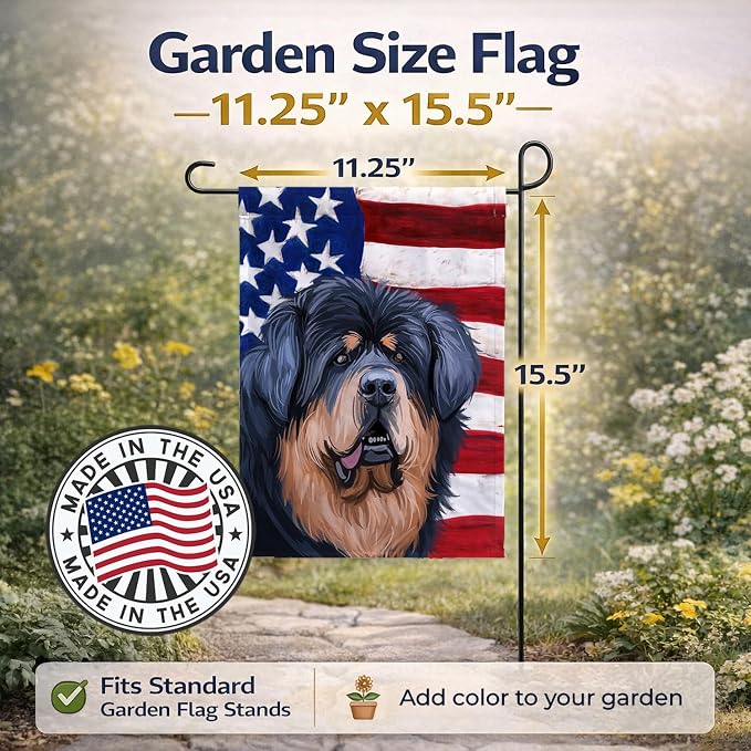 Caroline's Treasures CK6739GF Tibetan Mastiff American Flag Garden Flag Mailbox Flag Decorative Yard Flag Banner Outside Patio Artwork Yard Flower Beds, Garden Size, Multicolor