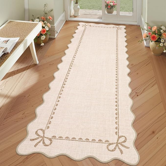 GarveeHome Scalloped Hallway Runner Rug 2.5x8 Non Slip Bedroom Rugs, Beige | Washable Bow Rug for Girls Dorm Nursery Living Room Entyrway Kitchen, Soft Low Pile Ultra-Thin Indoor Carpet