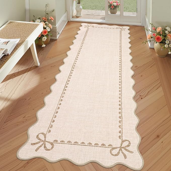 COZYLOOM Scalloped Bow Border Washable Rug 2x6 Hallway Runner Rug, Beige | Non Slip Modern Stain Resistant Non Shedding Low Pile Foldable Soft Mats for Entryway Bedroom Bathroom Kitchen