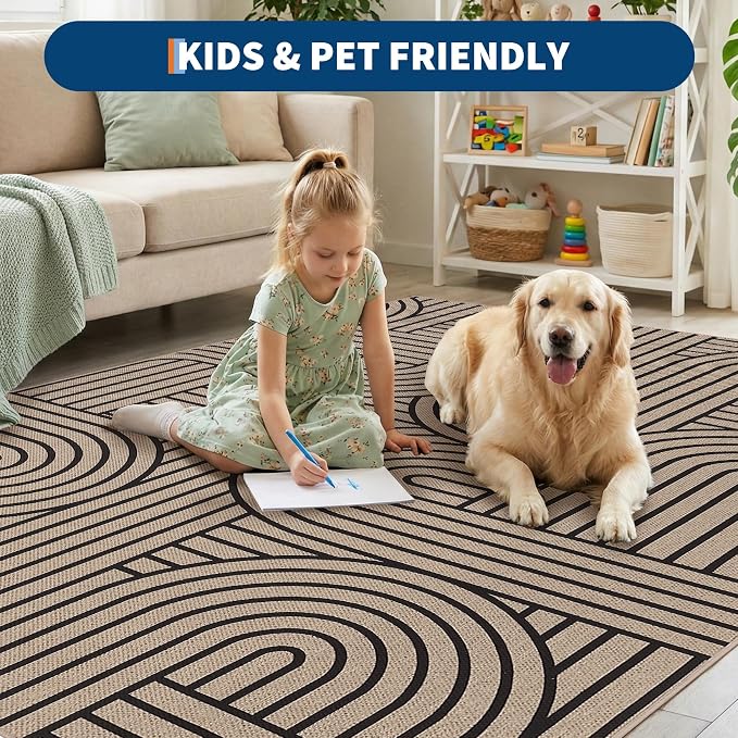 GarveeHome Rainbow Easy Jute Rug 8x10 Abstract Washable Non Slip Living Room Ultra-Thin Bedroom Rug, Non Skid Backing Non Shedding Accent Carpet for Dining Room Office
