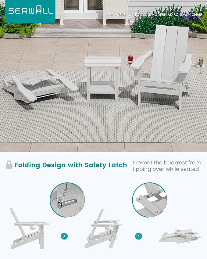 SERWALL Modern Folding Adirondack Chair Set with 9 Ft Umbrella, Folable Adirondack Chairs Set of 2 with Cup Holders, HDPE Fire Pit Chairs for Patio Lawn Garden, White (Umbrella Base is not Included)
