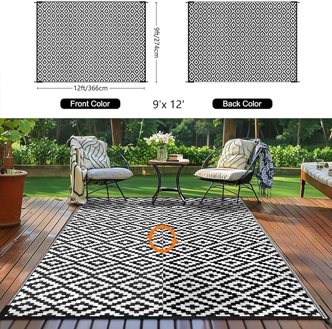 Outdoor Patio Plastic Straw Rug - 9x12 ft Outdoor Camping Rug Waterproof Reversible, Area Carpet Patios RV, Outside Porch Balcony Deck for Camper, Black & White