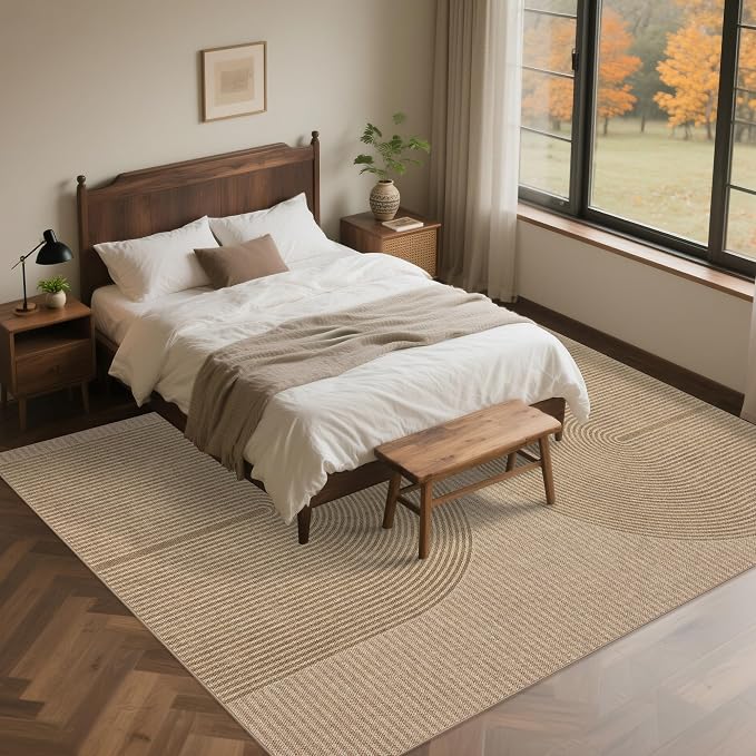 Easy Jute Rug 6x9 Outdoor: Natural Area Rugs for Patio Linen-Look Fabric Durable - Neutral Washable Carpet for Living Room Bedroom - Geometric Arch Pattern