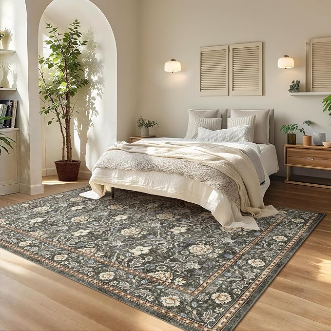 GarveeHome Washable Area Rug 5x7, Retro Floral Low Pile Non Slip Living Room Rug Soft Cottage Core Rug Farmhouse Indoor Carpet for Bedroom Dining Room Playroom