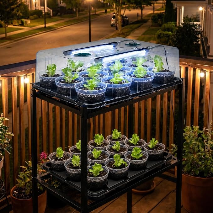 homenote 4 Inch Seed Starter Trays 2 Pack, 12-Cell | With Grow Light, Humidity Dome, 24 Pcs 4" Nursery Pots, Plastic Germination Kit