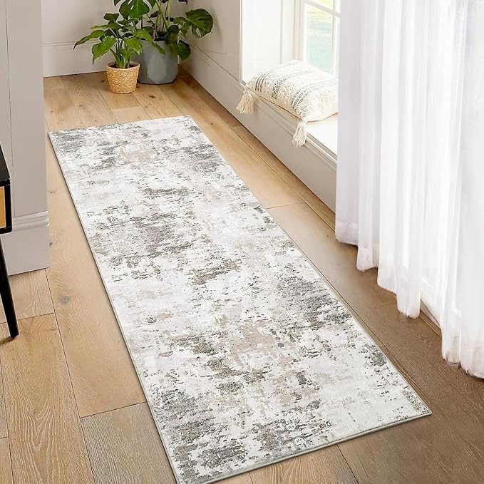ROYHOM Modern Abstract 2x8 Runner Rug Non Slip Non Shedding, Taupe/Beige | Low Pile Stain Resistant Rug for Hallway Kitchen Bedroom