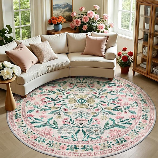 PLHXFR Round Area Rug Living Room: 8 ft Floral Washable Carpet Pink Green | For Bedroom Dining Room Farmhouse Nursery Hallway,Vintage Floral,Machine washable,Non Slip,Stain Resistant,Large Indoor