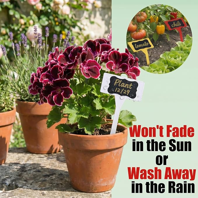 100 Pack 11.8" White Plant Labels for Outdoor Garden Waterproof, T-Type Garden Label Stakes with Black Stickers & Gold Pen, Tall Plant Markers and Plant Tags for Vegetables, Herbs, Flowers