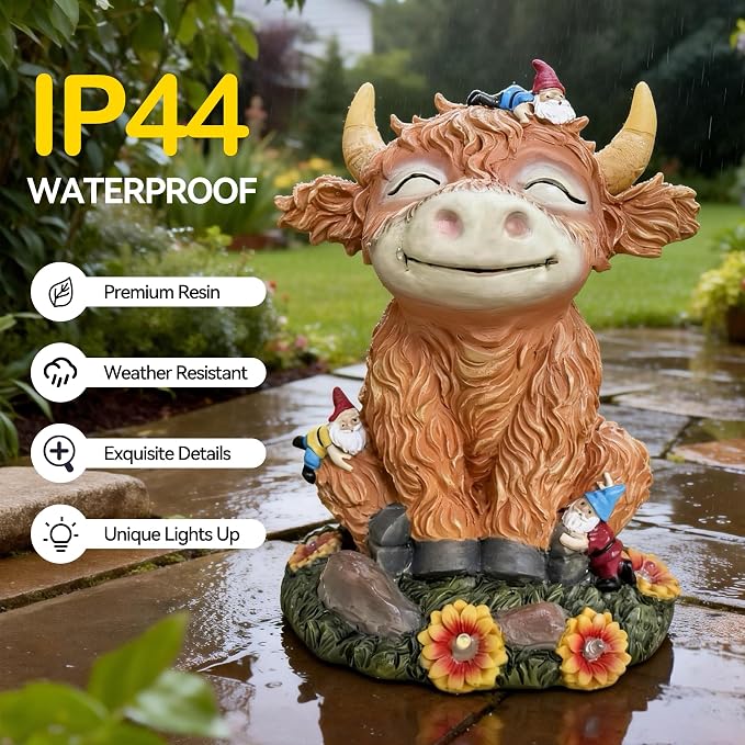 Solar Highland Cow Garden Statue with Funny Gnomes | LED Lights, Outdoor Decor, Yard Art, Gift for Mom & Grandma