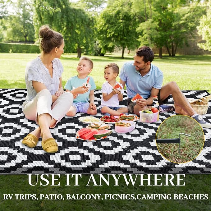 Garvee Outdoor Rug 9x18 Outdoor Patio Rug Reversible Plastic Straw Rugs Waterproof Foldable Mat Easy Clean Lightweight Carpet for Backyard Camping Porch RV Beach Balcony Deck Picnic Square White