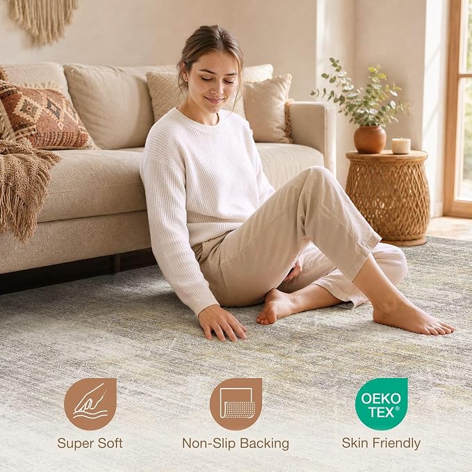 cotiled Boho 5x7 Area Rugs for Living Room: Soft Moroccan Washable Rug | Solve Modern Neutral Trendy Home Decor - Stain Resistan Indoor Carpet for Bedroom Dining Room Gold Brown