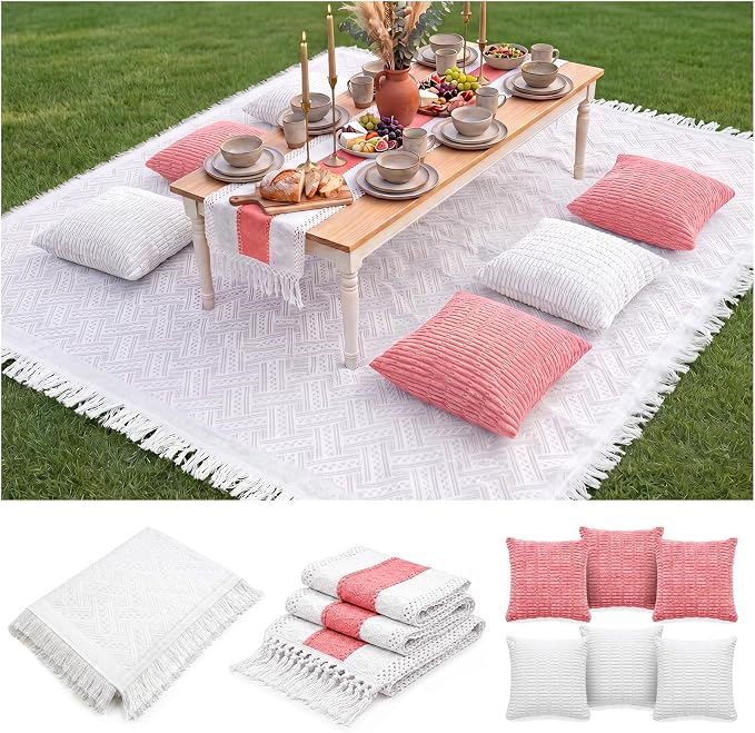 Extra Large Outdoor Boho Picnic Blanket with Table Runner and 6 Throw Pillows Covers for Outdoor Essentials Beach Accessories Basket Set Oversized Manta Yard Outside Mat Wedding Party Decor Pink
