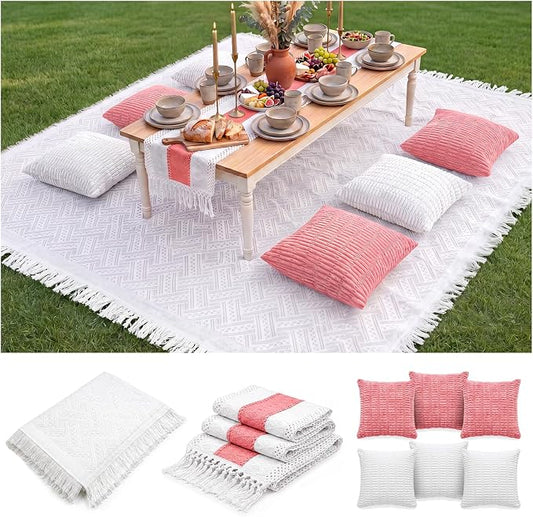 Extra Large Outdoor Boho Picnic Blanket with Table Runner and 6 Throw Pillows Covers for Outdoor Essentials Beach Accessories Basket Set Oversized Manta Yard Outside Mat Wedding Party Decor Pink