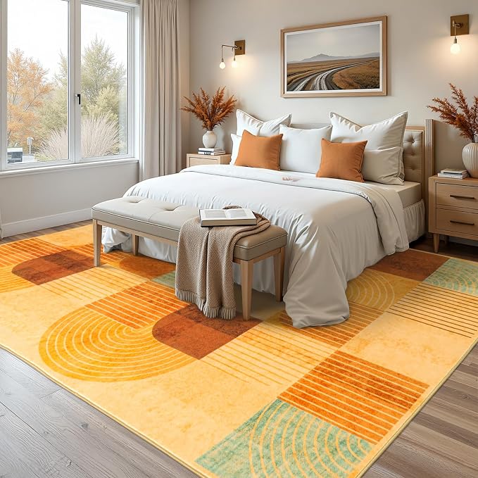 9'x12' Area Rug for Living Room, Washable Modern Abstract Soft Carpet | Non Slip, Indoor Floor Stain Resistant Large Carpet for Bedroom Dining Room Farmhouse Nursery Home Office, Burnt Orange