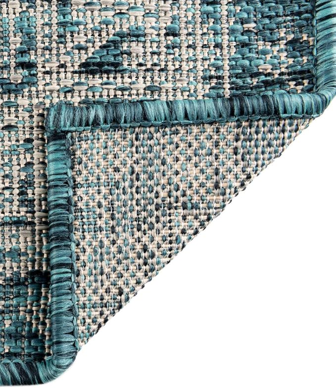 Unique Loom Outdoor Aztec Collection Area Rug - Coba (5' 3" Octagon, Teal/ Ivory)