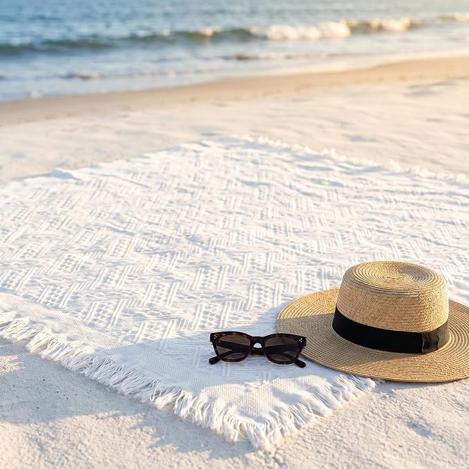 70x70 Bohemian Picnic Mat Extra Large, Sand Proof Outdoor Camping Blanket Machine Washable, Lightweight Portable Travel Tarp for 5-7 Adults Beach Park Grass (White-T-Grid)
