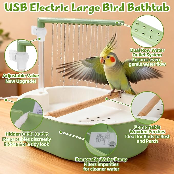 Automatic Parakeet Bird Bath Shower, Quiet Circulating Parrot Bathtub | Adjustable water flow & quiet pump. Fits Cockatiels, Budgies, Conures, Lovebirds, Quakers, Parrotlets & small medium birds