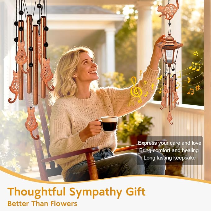 Large Solar Cat Wind Chimes, Gifts for Women Mom Grandma Wife Sister Daughter Neighbor Nana, Classic Bronze Wind Chimes With Wind Catcher, Solar Decor Lights For Outdoor Garden Patio Yard Porch Window