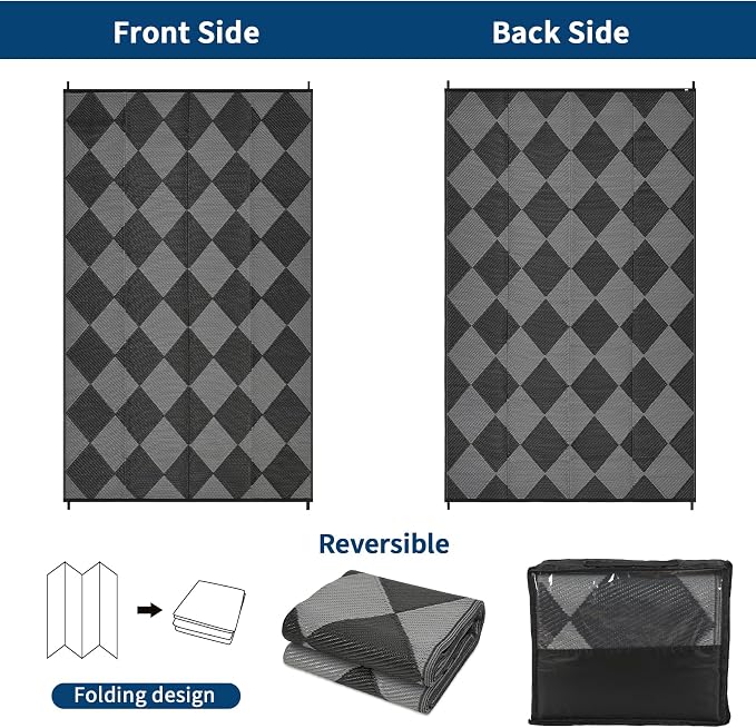 Garvee 8x10 Outdoor Rug Waterproof Plastic Straw Rug Checkered Black | Outdoor Patio Rug, Reversible, Easy Clean, Foldable, Lightweight Large Area Rugs for Porch Backyard Camping RV Beach Balcony