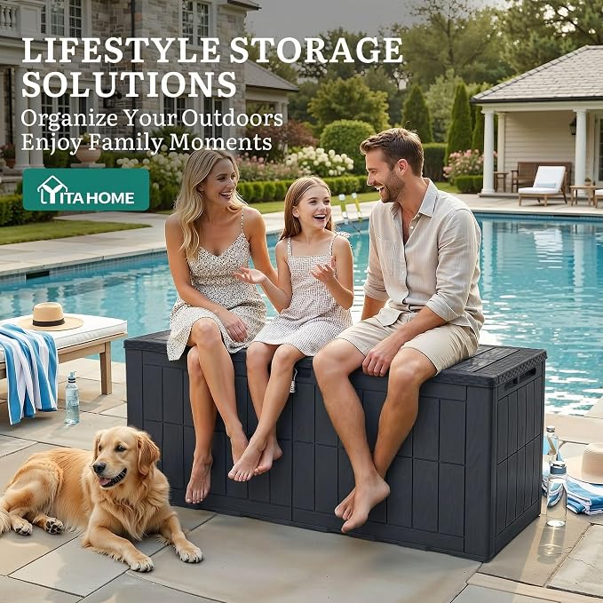 YITAHOME 134 Gallon Large Outdoor Storage Box with Lock | Waterproof Deck Box with Hydraulic Piston for Garden Tools, Pool Accessories & Cushions, Resin Deck Organizer with Bench