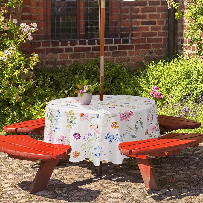 Round Outdoor Tablecloth with Umbrella Hole Umbrella Tablecloth Patio Tablecloths with Zipper for Courtyards, Terraces, and Beaches 60 in