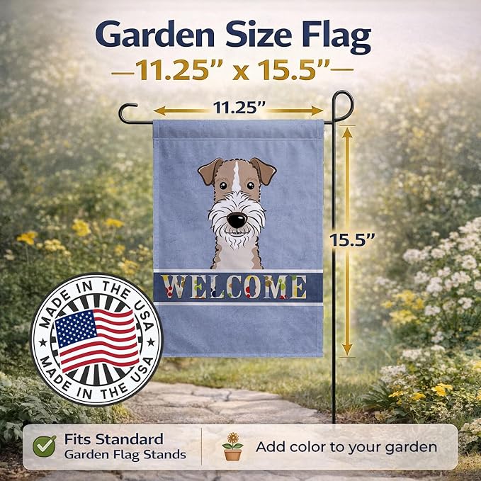 Caroline's Treasures BB1433GF Wire Haired Fox Terrier Welcome Garden Flag, Blue Mailbox Flag Decorative Yard Flag Banner Outside Patio Artwork Yard Flower Beds, Garden Size, Multicolor