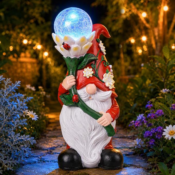 Garden Gnomes Outdoor, Solar Gnome Statue with Ladybugs Flower Decor for Yard, Garden, Patio, Balcony, Porch, Lawn Decor, Funny Gnome Gift for Mom Women Grandma