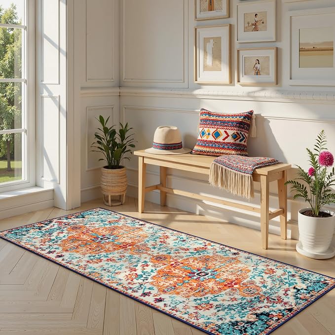 Lahome Bohemian Floral Medallion Runner Rug - 2'8" x 8' Oriental Distressed Hallway Runner Rug Country Vintage Washable Non-Slip Laundry Carpet Soft Low-Pile Indoor Mat for Entryway Bedside Decor