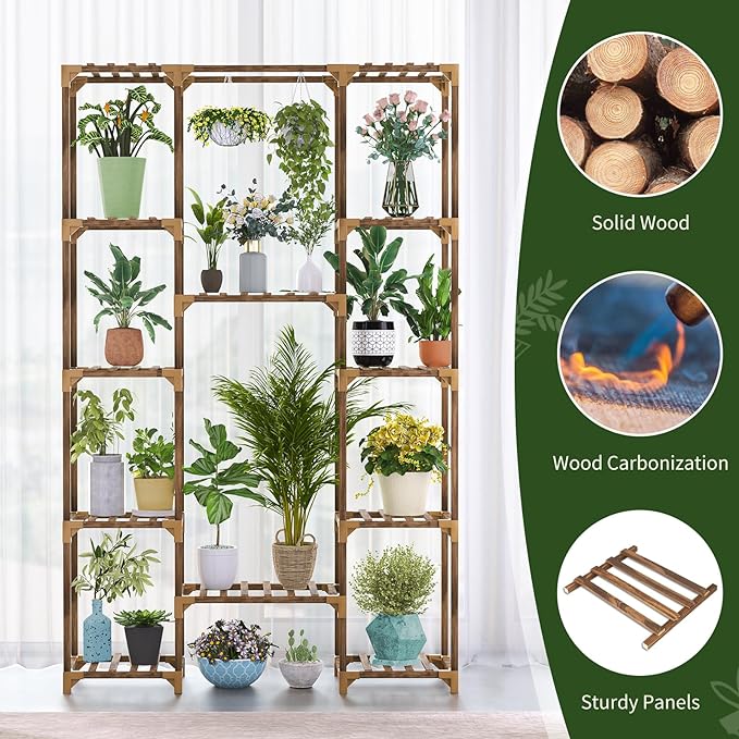 Uneedem Plant Stand Indoor Outdoor, Tall Plant Shelf for Multiple Plants, 12 Tiers Large Plant Rack Wood Plant Holder Plant Shelves for Room Corner Balcony Garden Patio