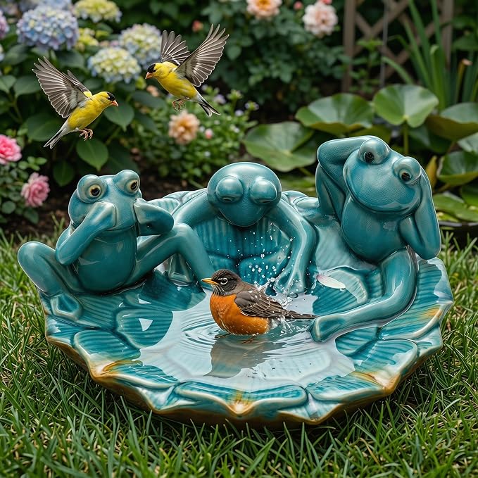 Topadorn Ceramic Bird Bath for Outside, 11.6" Frog Bird Bath with Unique Crackle Reactive Glaze, Decorative Garden Birdbath for Patio, Lawn & Backyard Decor