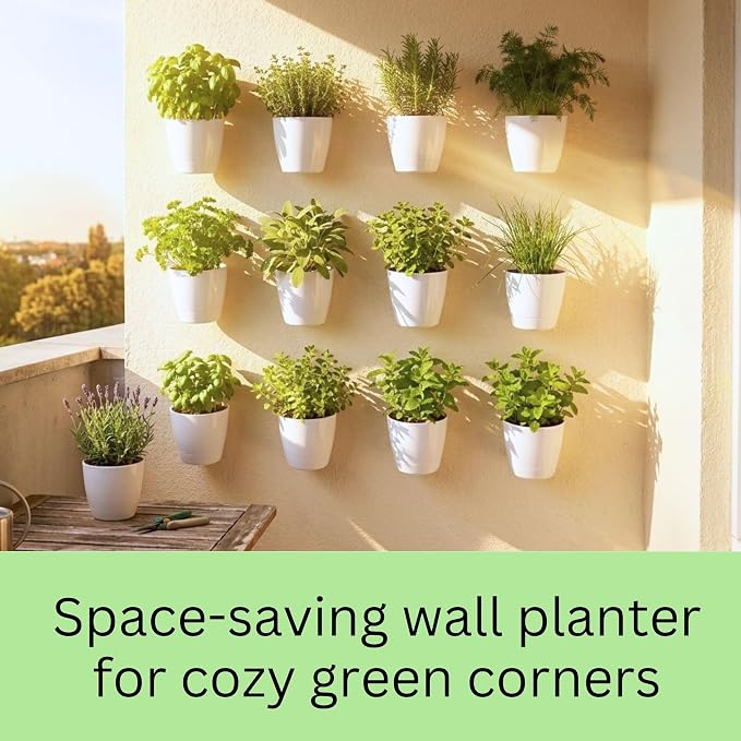 LaLaGreen Wall Mounted Planters for Indoor Plants - 10 Pack, 5 Inch Self Watering Plastic Pot, Living Hanging Eco Wall Planter System, Trendy Live Wall Garden for Herb, White