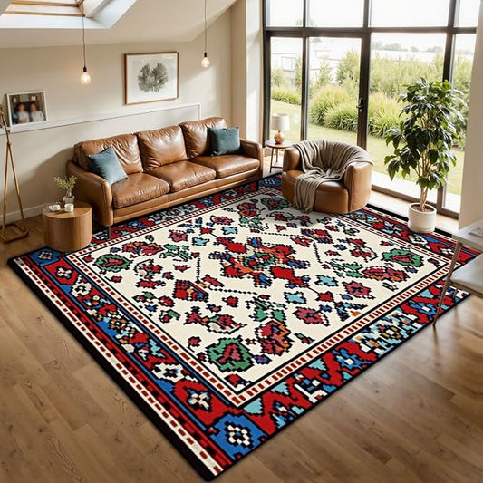 10x14 Area Rugs for Living Room Colorful Oriental Mosaic Traditional Geometric Ornament Floral Motifs Washable Large Area Rug for Bedroom Non Slip Outdoor Carpets Soft Mats Kitchen Home Office Decor
