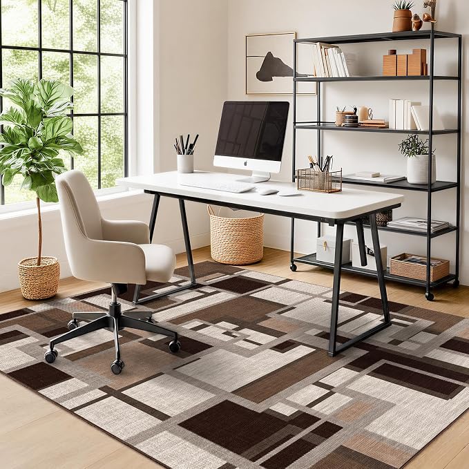 Pionblank Modern Geometric Area Rugs for Bedroom, Coffee Brown 4x6 Rug | Mocha Brown Chocolate Patchwork Carpet for Living Room Dining Room Office | Soft Low-Pile Floor Rug | Abstract| Non-Slip