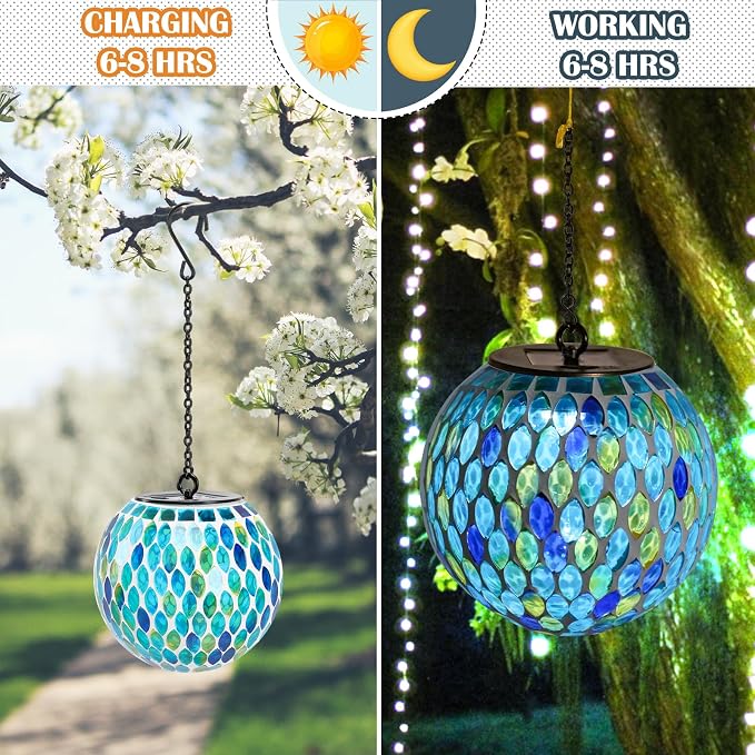 Mosaic Solar Lantern Outdoor Waterproof Glass Hanging Solar Lights, Blue | Solar Hanging Lantern IP44 Waterproof Mosaic Gazing Ball with White LED Lights, Metal Hanging Chain, Outdoor Pathway Decor