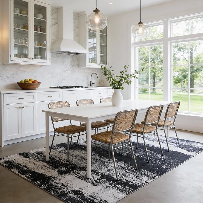 Black 6x9 Area Rug for Living Room Washable 6x9 Rug Non-Slip Modern Rugs for Bedroom Dinning Room Ultra-Thin Indoor Charcoal Distressed Black Rug