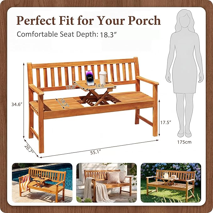 Flamaker Outdoor Bench with Pull-Up Table, Acacia Wood 2-Person Loveseats | Solid Wood Weather-Resistant Patio Seating with Convertible Center Table for Garden, Backyard, Porch, Poolside, Log Brown