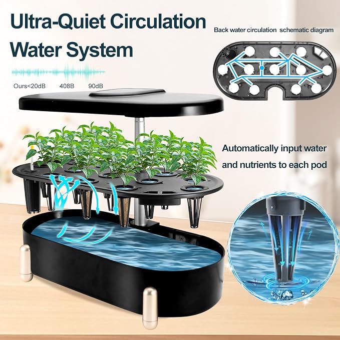 Hydroponics Growing System Indoor Garden:12 Pods Plant Kit Aeroponic Herb Vegetable Growth Lamp Countertop with LED Grow Light, Adjustable Height Up to 20.47inch (Black, One-Size)