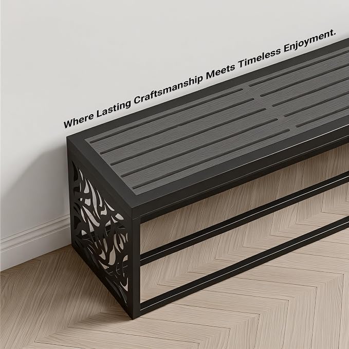 47" Outdoor Garden Bench with Storage Shelf, Modern Black Entryway Bench, Wood-Grain HDPE Seat, Galvanized Steel Frame with Powder Coating for Porch, Yard, Patio, Willow Leaf