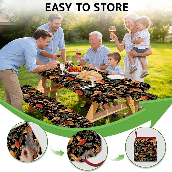 Picnic Table Cover with Bench Covers Elastic Edges, 3 Pcs Mushroom Fitted Table Cover with Drawstring Bag, Waterproof Windproof Aesthetic Camping Tablecloth, Outdoor Camping Essentials 72 Inch